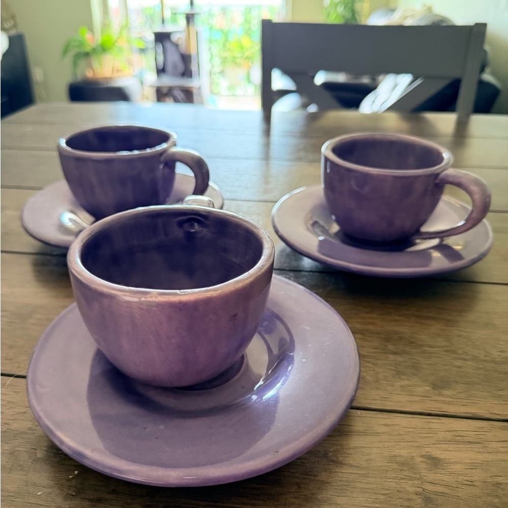 Pottery Barn Sausalito Plum Mug & Saucer Set of 3 Purple 16 oz Made in Mexico